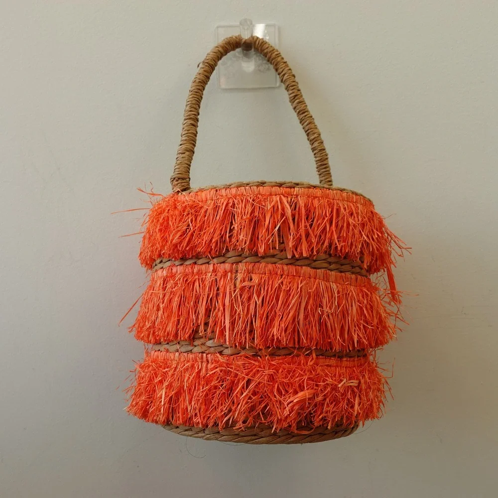Orange Fringe‎ Straw Bucket Bag Natural Tan Basket Tote Summer Beach Boho KAYU
